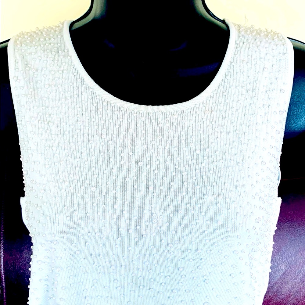 Soft blue rayon knit top blouse with fully embelished front pearl like beadings